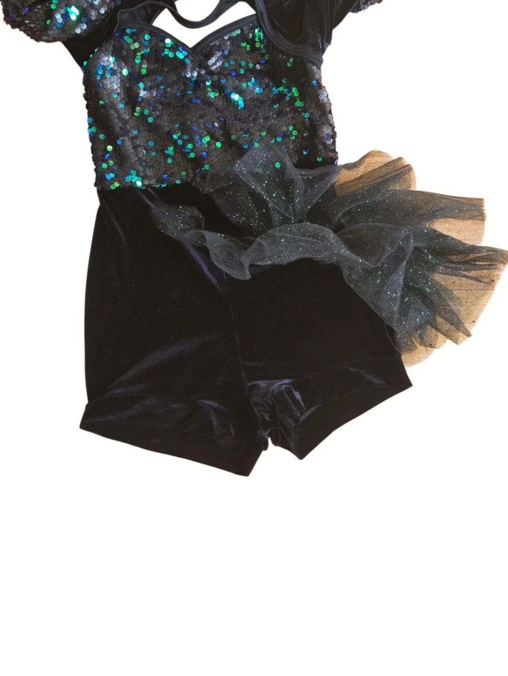 Weissman 8465 A WORLD ALONE Green Sequin Side Bustle Dance Costume Size LC 14